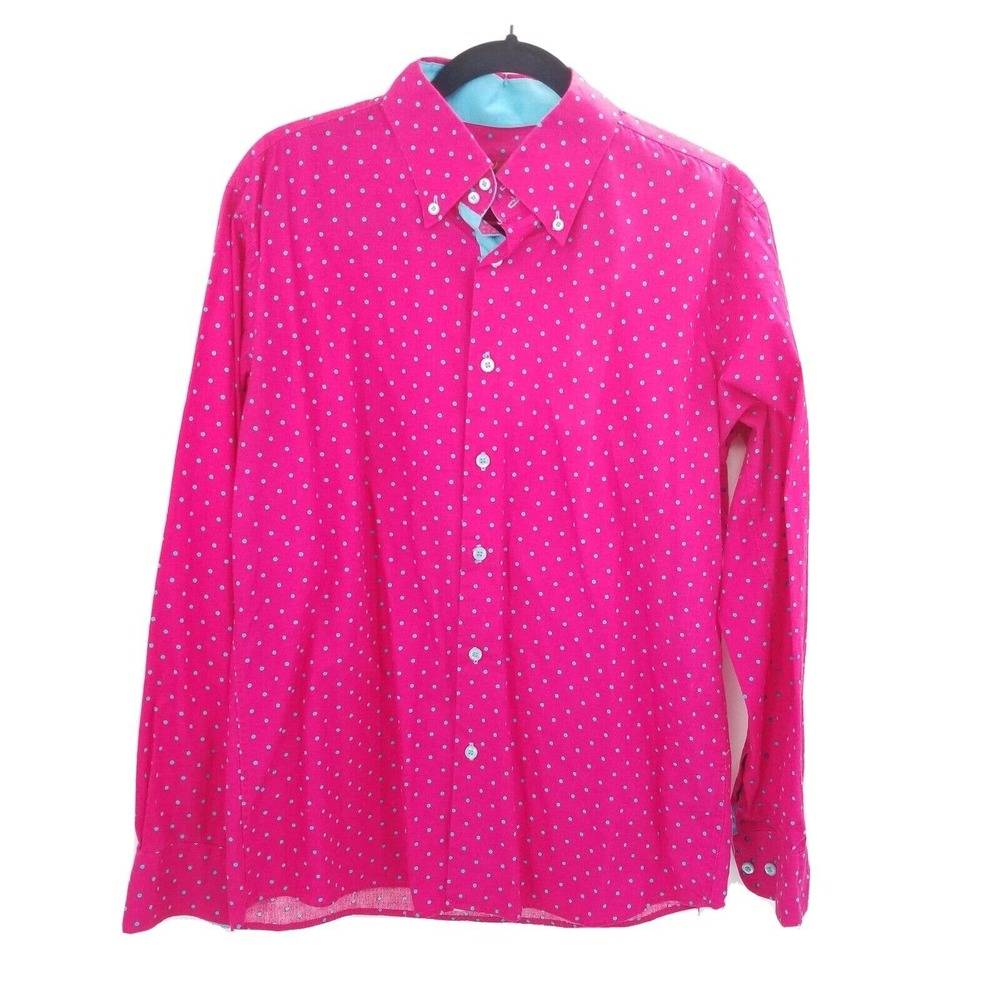 Elie Balleh pink polka dot long sleeve button up shirt mens size large 16 16.5